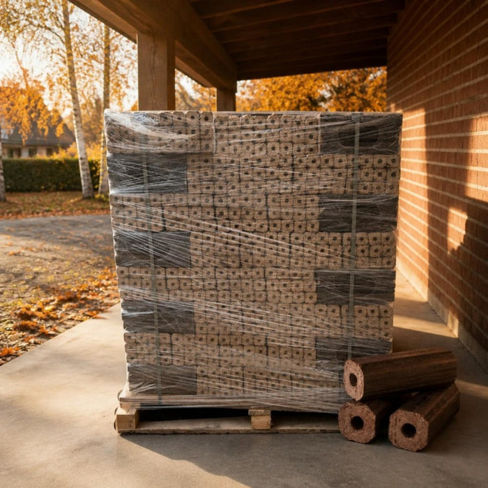 Pini Kay briketter på palle i carport